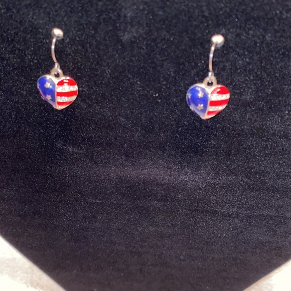 Jewelry - Enameled Heart Earrings with red, white & blue with stars & stripes